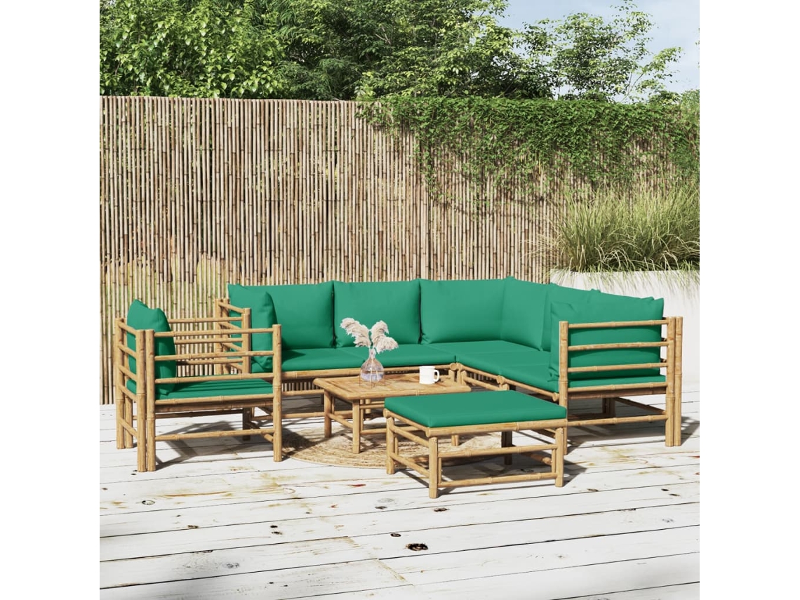 Vidaxl 8 Pcs Conjunto Lounge De Jardim Bambu C/ Almofadões Verdes