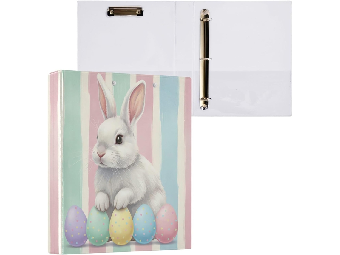 Pasta de 3 Argolas para Papel Tamanho Carta , Coelhinho da Páscoa Redondo e Fofo com Porta pra (27,9 X 21,6 Cm)
