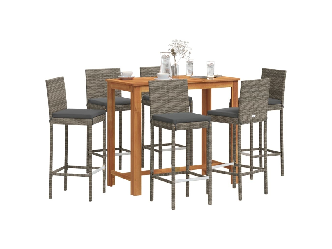 Vidaxl 7 Pcs Conjunto De Bar P/ Jardim Acácia Maciça/vime Pe Cinzento