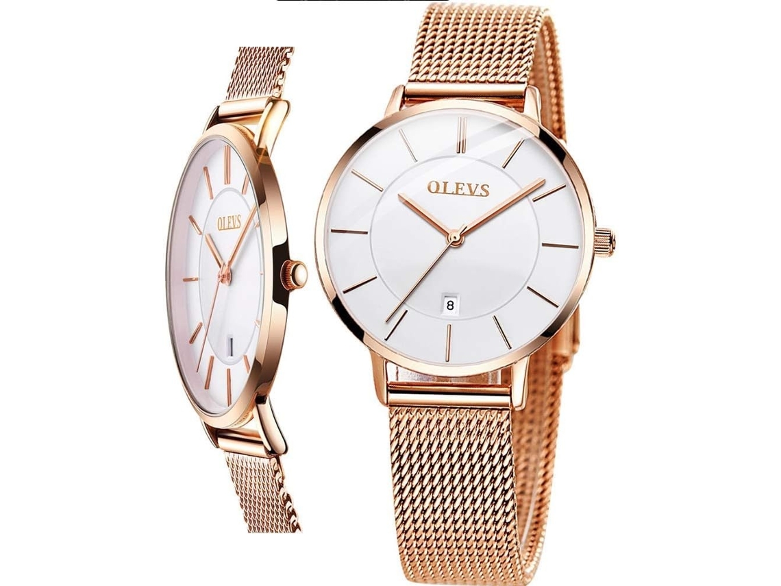 Lurelia Relógio Feminino, Movimento De Quartzo, Data/calendário, Luminoso, Detalhes Com Strass, Aço Inoxidável, Rosa Ouro, Branco