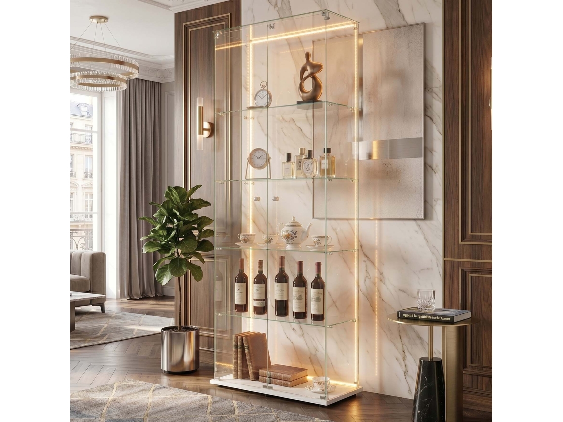 Vitrine de vidro temperado com 5 prateleiras, porta dupla, fita LED RGB, branco 172x80x36 cm LAZYSPACE