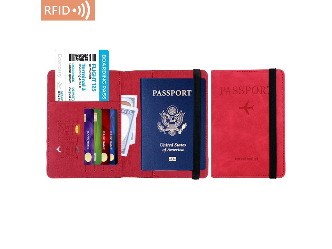 Porta-passaporte Rfid, Porta, Cartões Em Couro Pu Vermelho