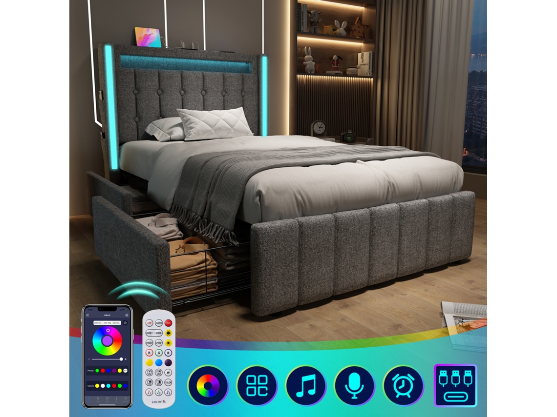 Cama Solteiro 90x200 Usb-c Led 2 Gavetas Cinza