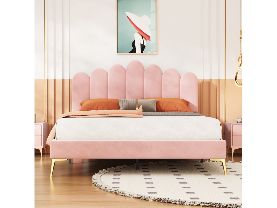 Cama Casal 140x200, Rosa Veludo, Ripas, Adultos/jovens/hóspedes-op