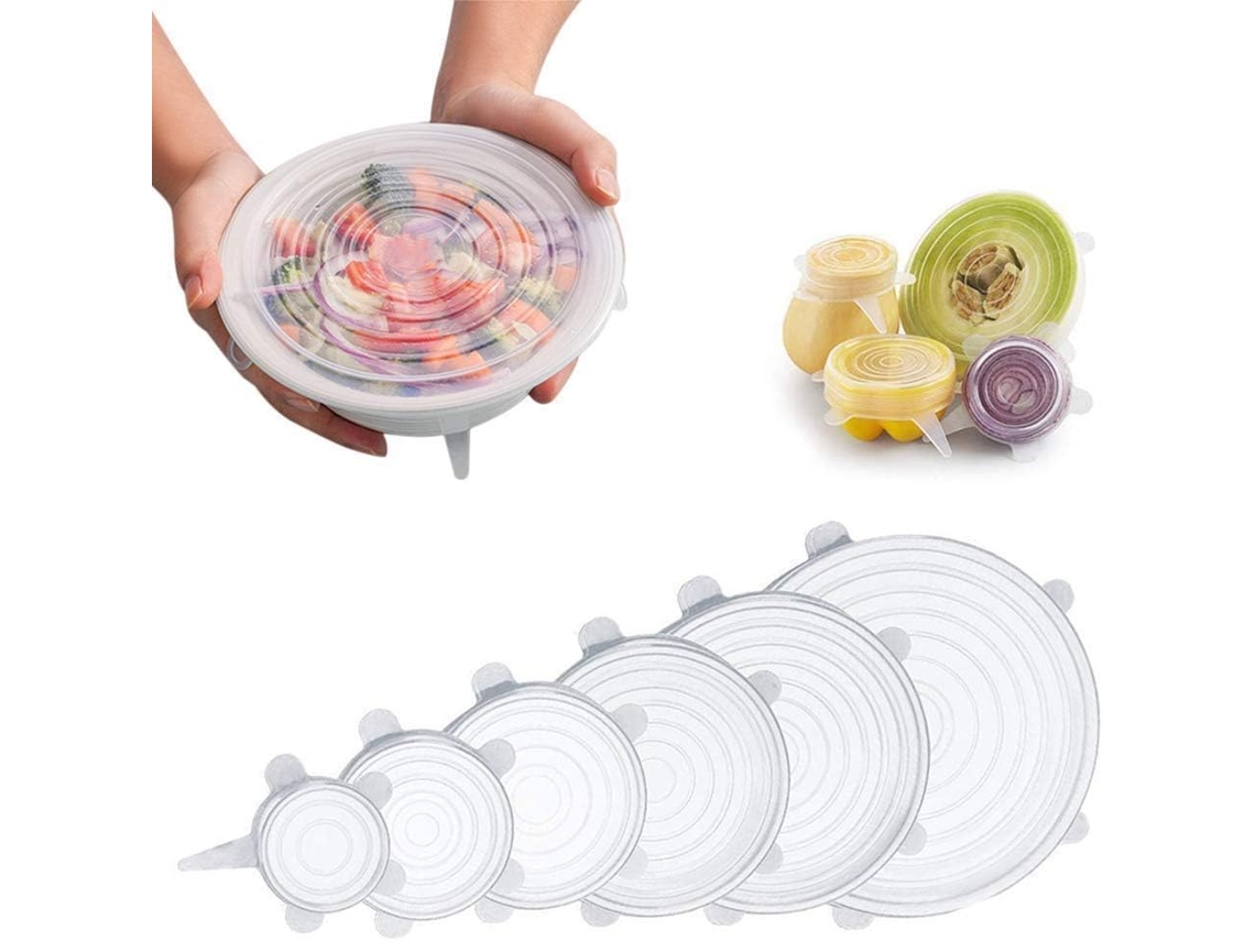 Tampas de silicone reutilizáveis, duráveis e flexíveis, 6 tamanhos, transparentes, pacote com 6 unidades.