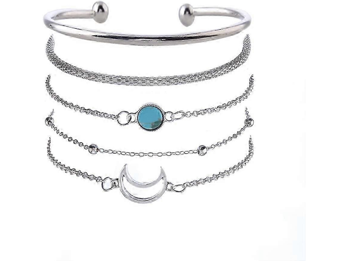 Conjunto De 5 Pulseiras De Mão Em Prata Com Pingente De Lua, Turquesa E Miçangas. Nostalgia88