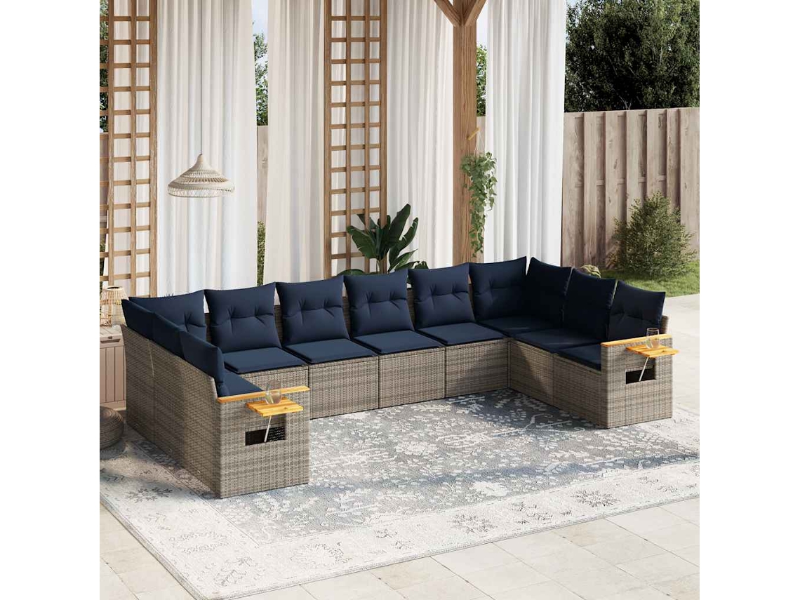 Vidaxl 10 Pcs Conjunto Sofás P/ Jardim C/ Almofadões Vime Pe Cinzento