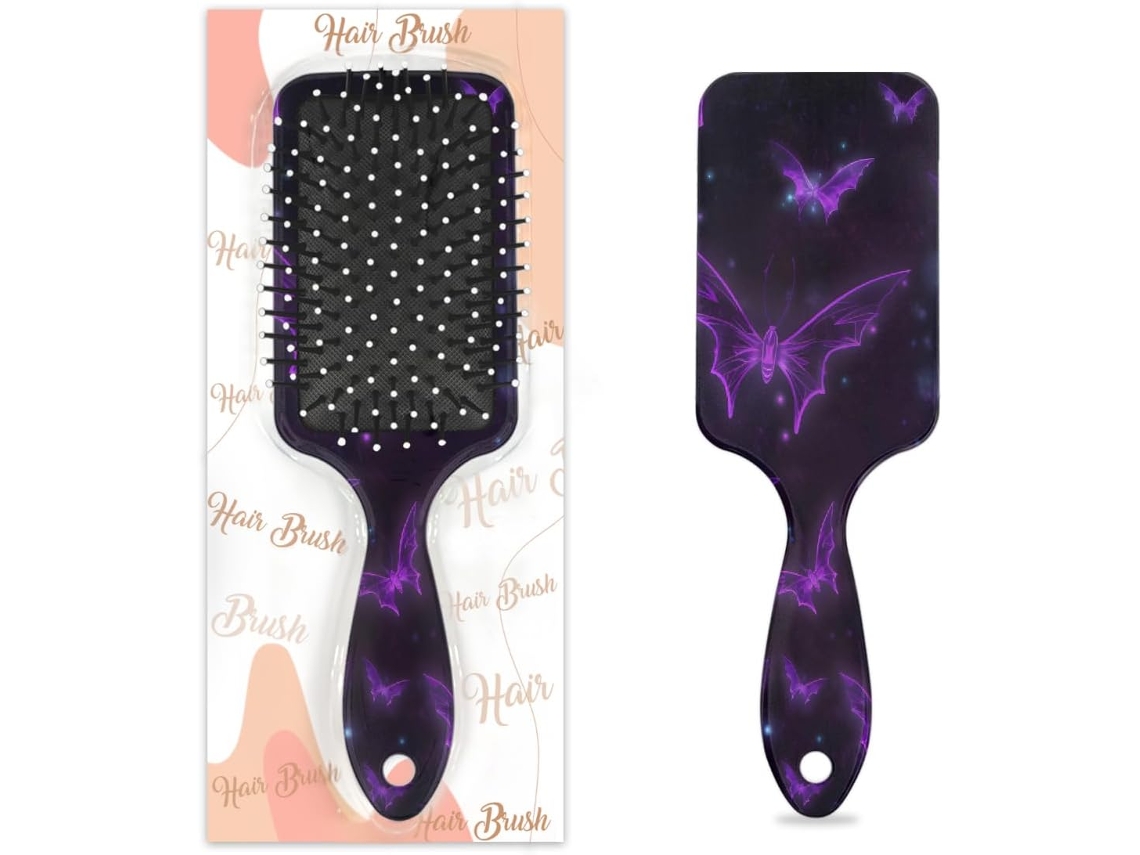 Escova De Cabelo Com Travesseiro Ar Para Mulheres E Meninas, Com Estampa De Halloween Morcego E Luzes Roxas, Ideal Para