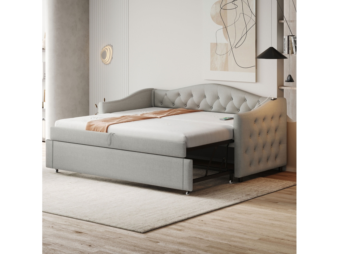 Sofá Cama 90x200 Cm Extensível Usb Tela De Lamas Têxido Linho Cinza