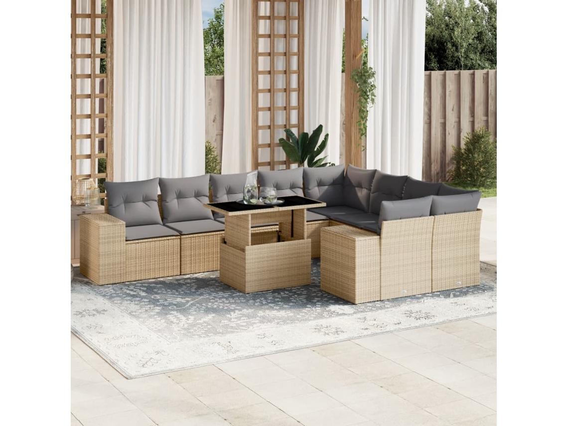 10 Pcs Conjunto De Sofás P/ Jardim Com Almofadões Vime Pe Bege Dkd Home Decor