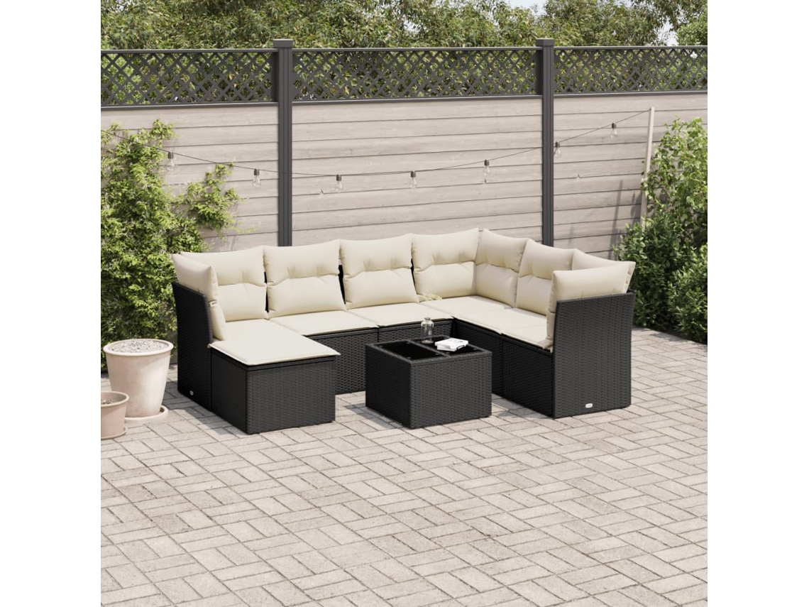 Conjunto 8 Pcs Sofás de Jardim com Almofadões Vime Pe Preto PANGSHIYUAN