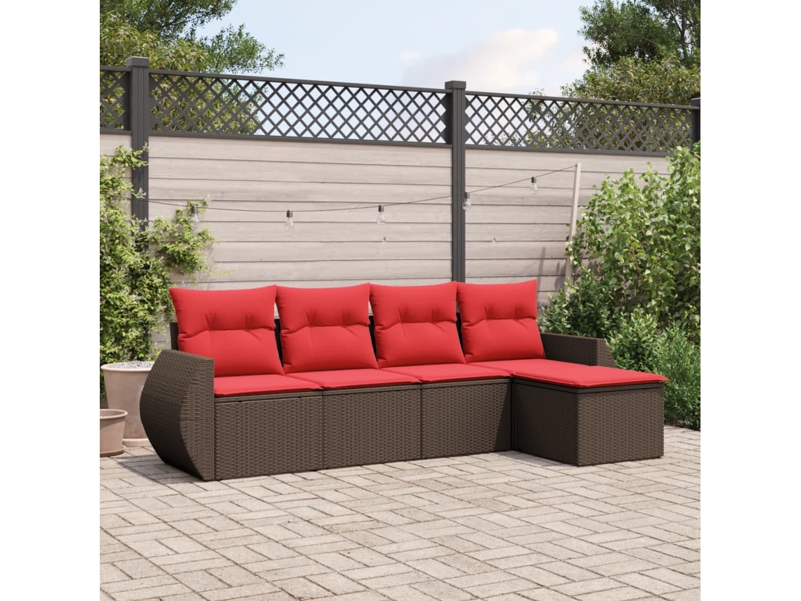 Vidaxl Conjunto De Sofá De Jardim De 5 Peças Com Almofadas Em Rattan Sintético Marrom