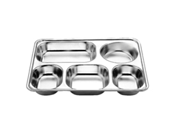 Bandeja de aço inoxidável com compartimentos para alimentos, ideal para refeitórios escolares, com 3/4/5 seções e 5 unidades.