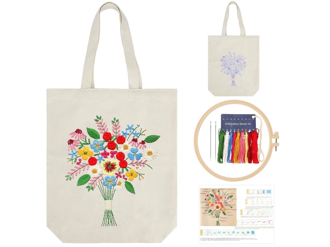 Kit de Bordado AQUAFORGE, Sacola de Tecido, Estampa Floral, Artístico, Adultos, Branco