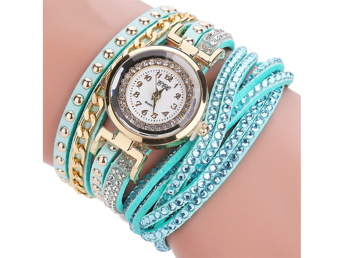 Relógio de Pulso Feminino de Quartzo com Camurça Multicamada e Pedras Strass (menta)