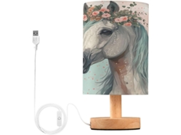 Luminária De Mesa Em Formato Cavalo Skyshu Pequena Led Usb Com Base Madeira Antiderrapante E Cúpula Que Não Agride Os