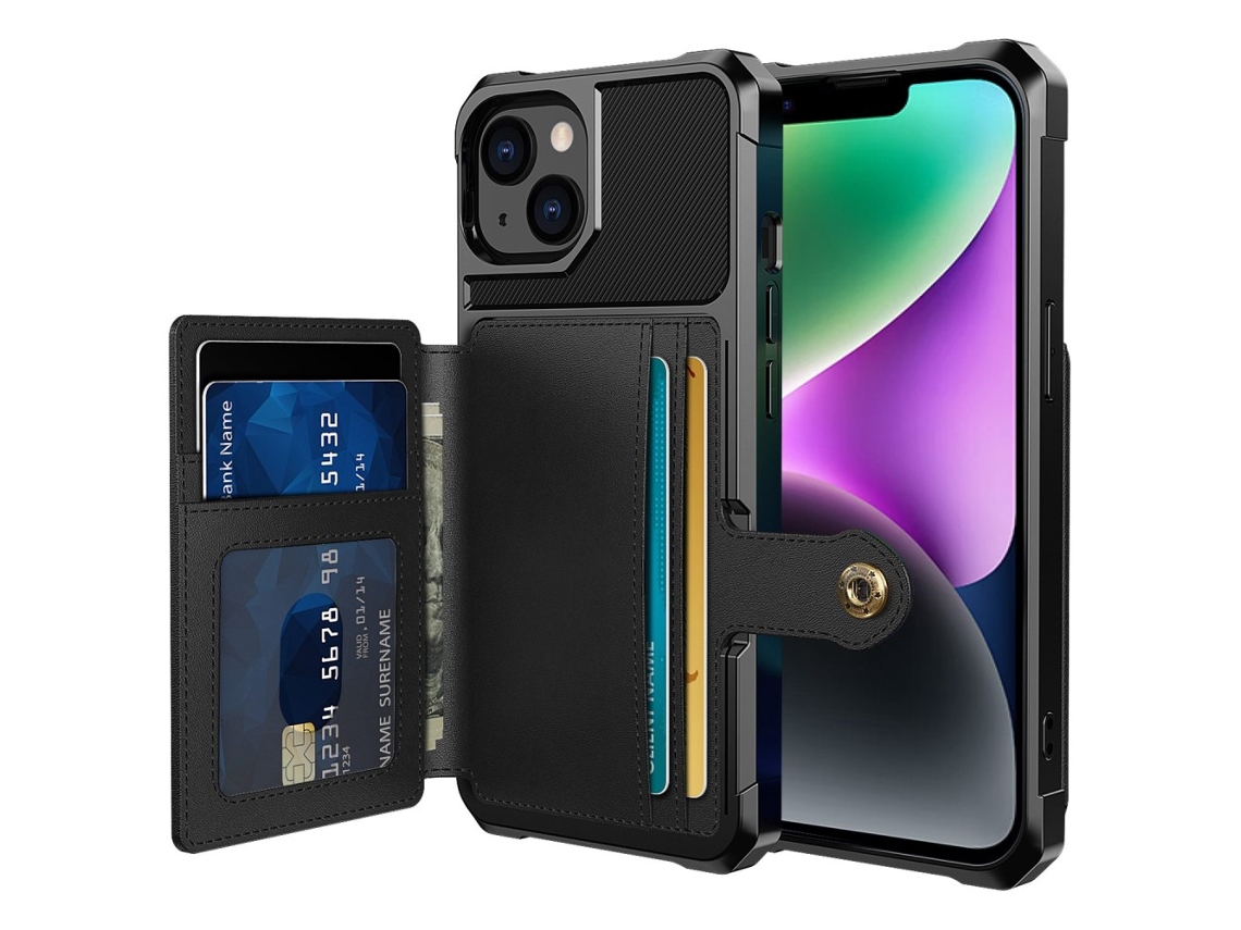 Suporte Casa Quedas Para Iphone 14 Plus Pele Sintética Magnética Com Porta-cartões Preto