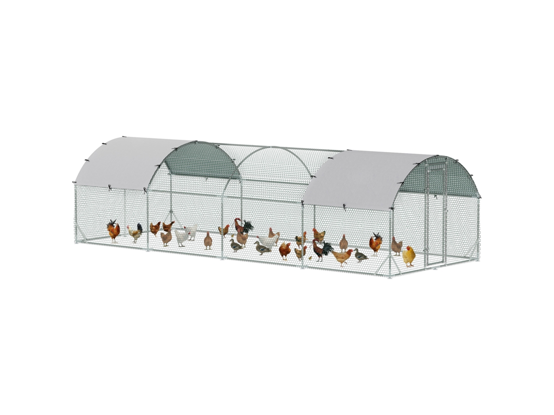 Galinheiro Para Exterior Para 16-24 De Aço Galvanizado Com Teto De Tecido Oxford 2,8x7,60x1,97 M Prata