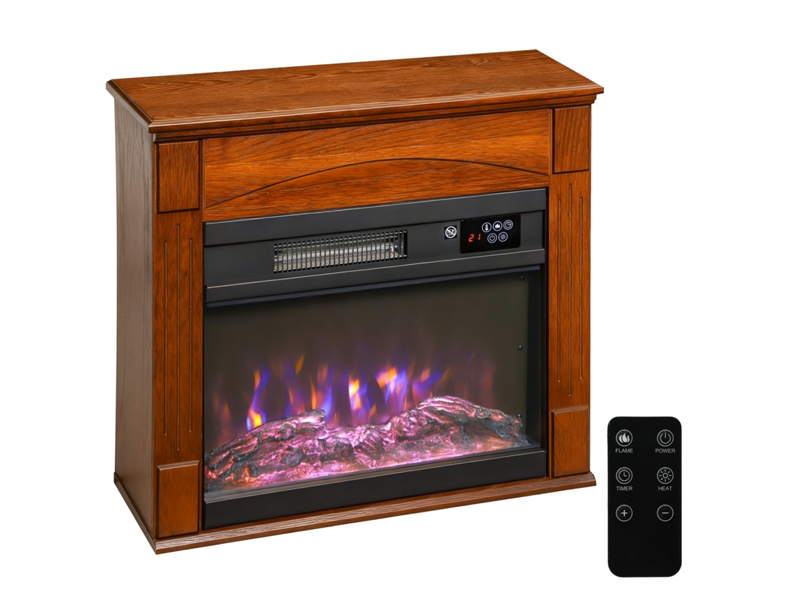 Lareira Elétrica 1000/2000w Com Efeito De Chama 3d Em 6 Cores E 3 Brilhos, 68,5x27,5x63cm, Marrom