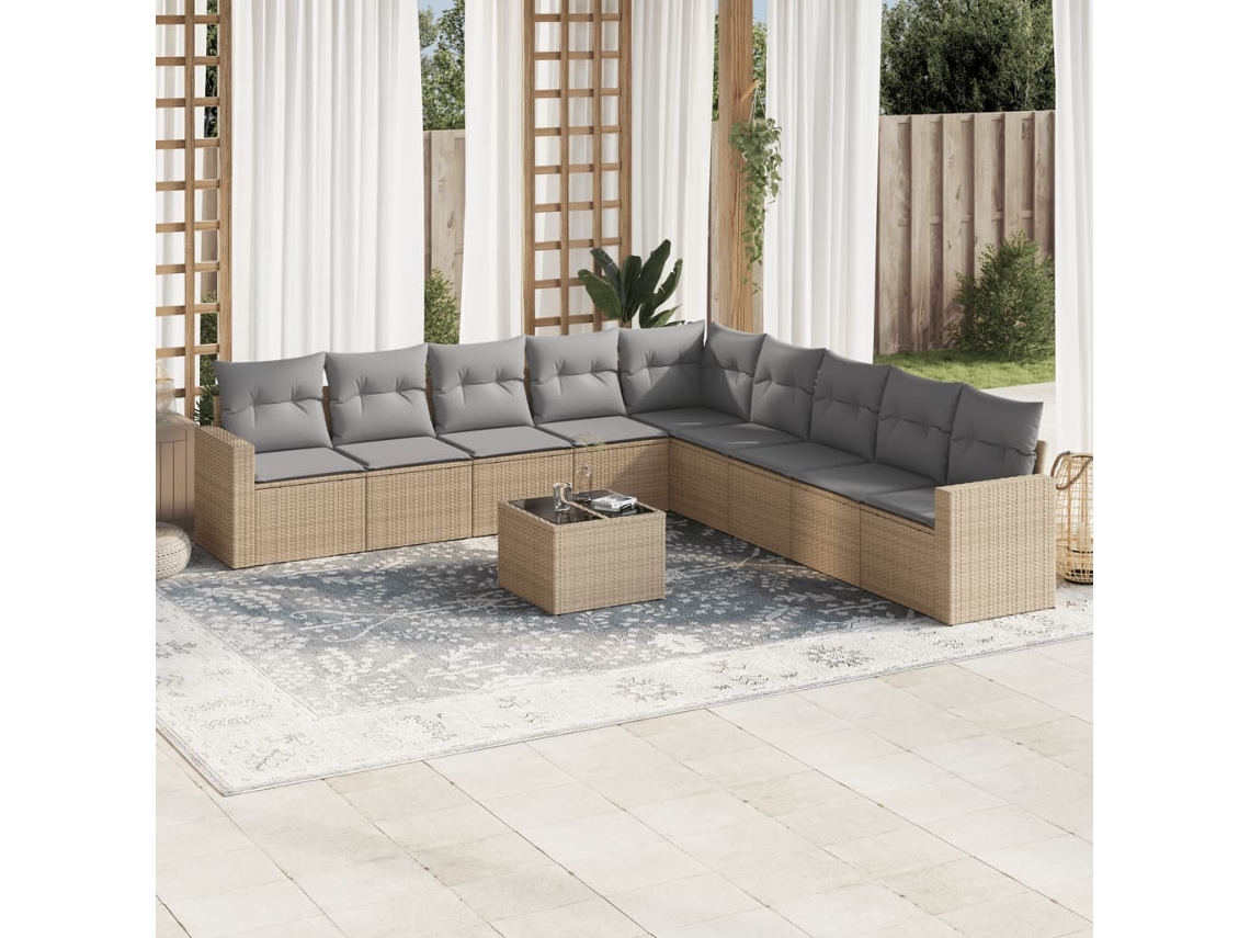 Vidaxl 10 Pcs Conjunto De Sofás P/ Jardim Com Almofadões Vime Pe Bege