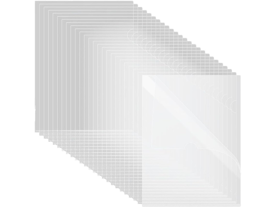 Pastas plásticas transparentes em formato L, com 60 unidades, ideais para colar projetos e fazer cópias em papel tamanho A4 ou Carta.