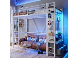 Cama De Alta 90x200cm Ferro Branco Usb Type-c Led Gavetas Escada