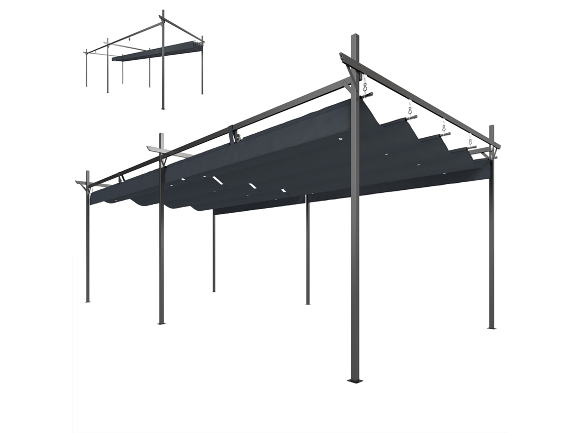 Pérgola Com Teto Retrátil De Alumínio 588x297x230 Cm Com Tecido De Poliéster Anti Uv De Jardim Cinzento Escuro