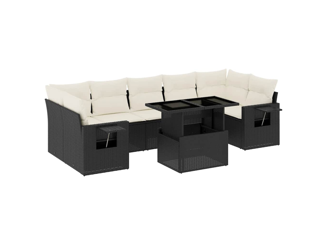Conjunto 8 sofás de jardim com almofadões VIDAXL vime PE preto