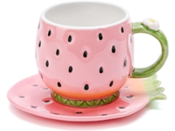 Xícara De Chá E Pires Cerâmica, Caneca Café Com Estampa Morango 24 Cl Aquaforge (rosa)