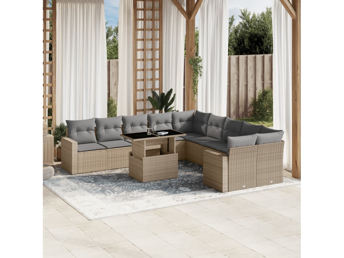 Vidaxl 11 Pcs Conjunto Sofás De Jardim C/ Almofadões Vime Pe Bege
