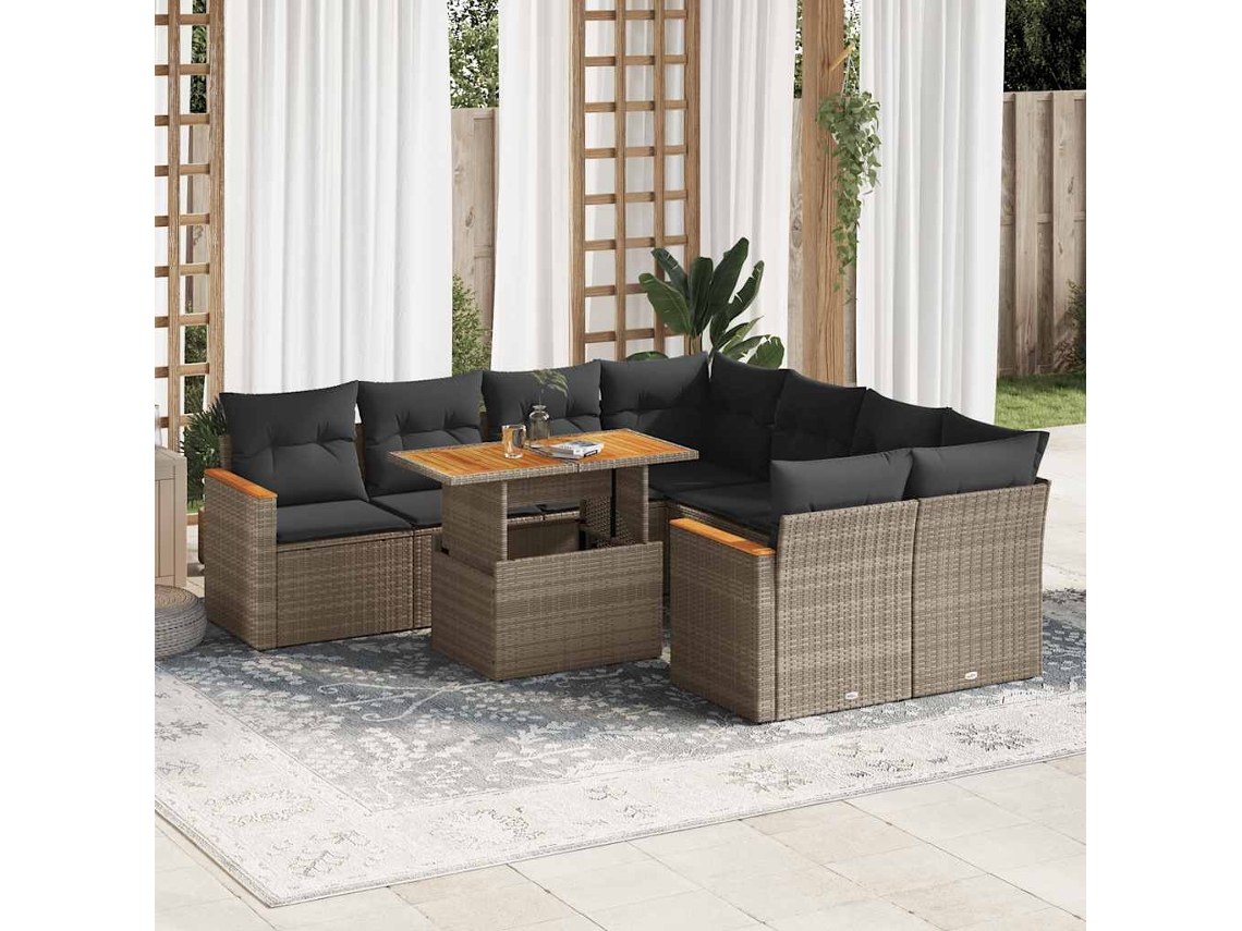 Vidaxl 9 Pcs Conjunto Sofás Jardim Almofadões Vime Pe/acácia Cinzento