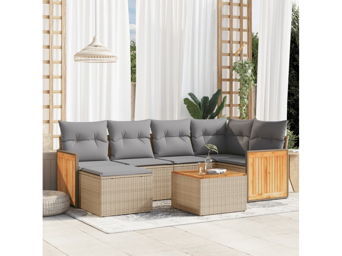Vidaxl 7 Pcs Conjunto De Sofás P/ Jardim Com Almofadões Vime Pe Bege