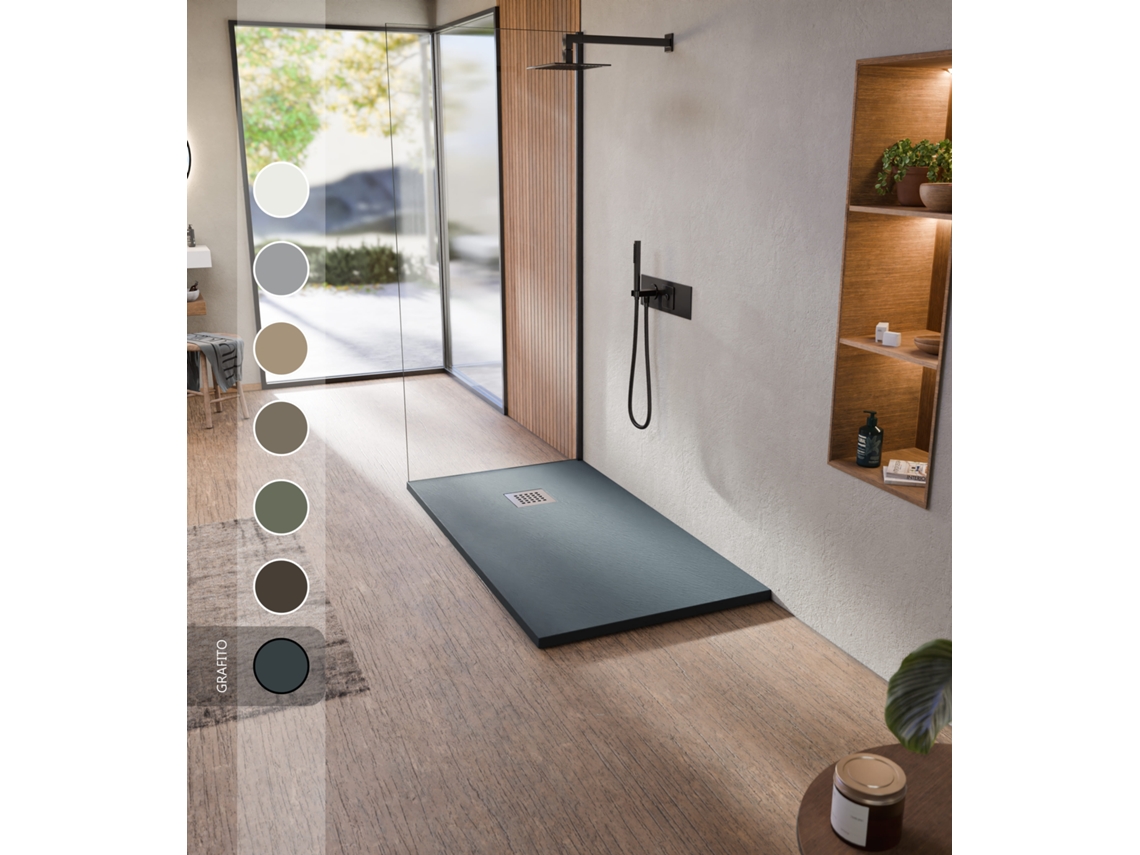 Base De Duche De Resina Antiderrapante Textura Lousa Suave Inclui Válvula De Escoamento E Grelha Grafite 100 X 110cm Bellobath