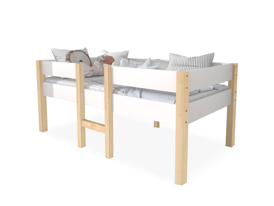 Cama Infantil Segura em Madeira de Pinho 90x200 Cm com Proteção Contra Quedas em Branco e Carvalho PAPRIKA