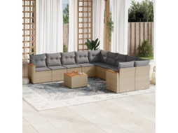 11 Pcs Conjunto Sofás De Jardim C/ Almofadões Vime Pe Bege Dkd Home Decor