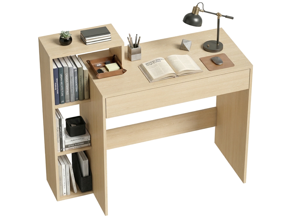 Mesa Pc Moderna com 3 Prateleiras e Gaveta Abertas em Madeira 100x40x90 Cm