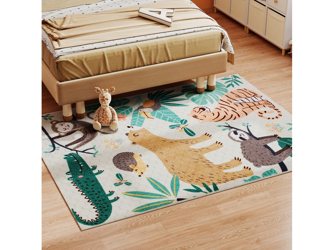 Fleece Rug With Jungle Pattern, Easy To Clean, Cream White + Colorful
