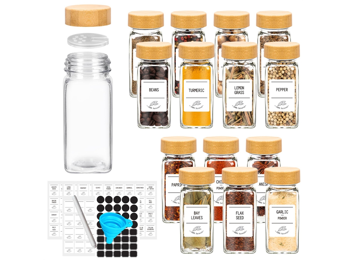Conjunto De 12 Frascos De Vidro Para Especiarias Com Tampas De Bambu, Incluindo Etiquetas Simples E Um Funil Dobrável.