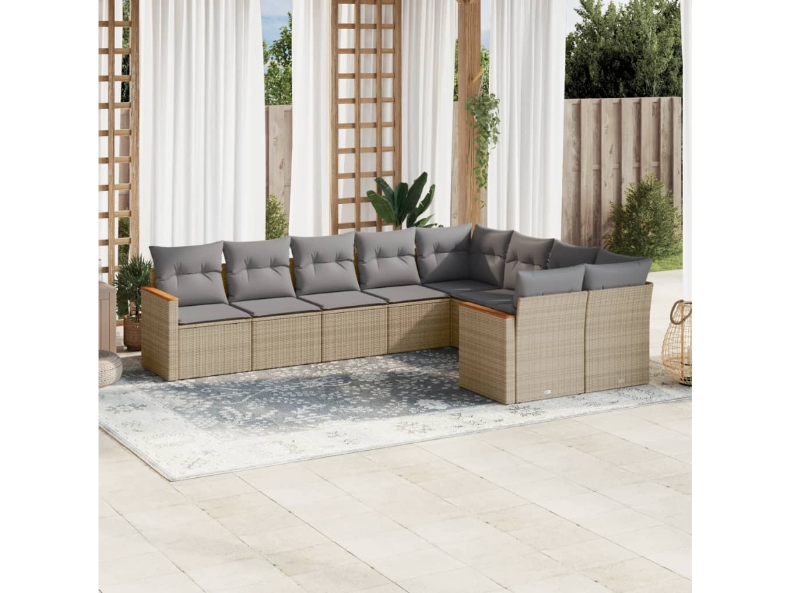 Vidaxl 9 Pcs Conj. Sofás Jardim C/ Almofadões Vime Pe Bege Misturado