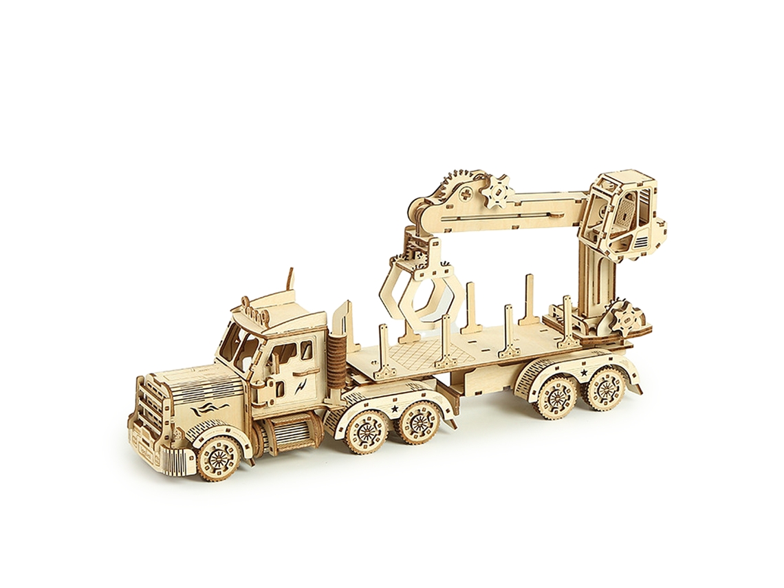 Kit De Modelo 3d Em Madeira Com Guindaste E Caminhão Com Mecanismo De Movimentação. 428 Peças. 43x10x19 Cm.