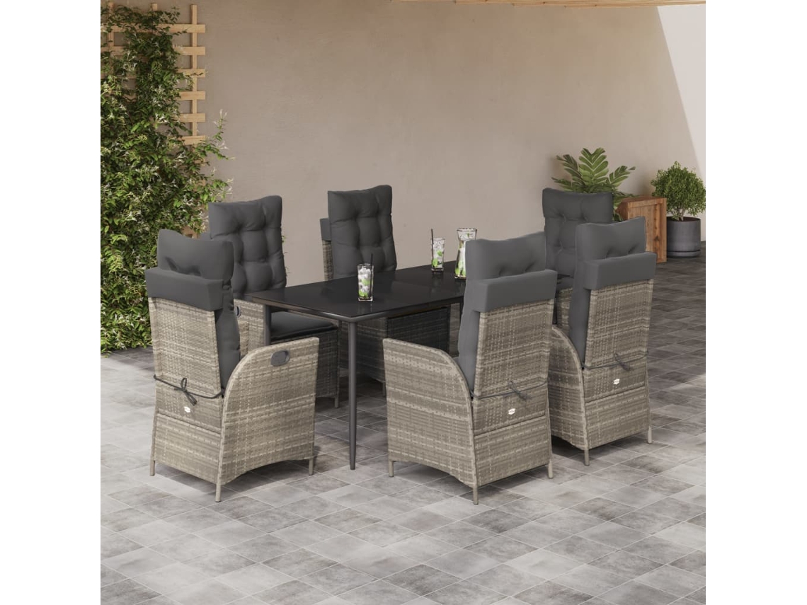 Vidaxl 7 Pcs Conj. Jantar P/ Jardim C/ Almofadões Vime Pe Cinza-claro