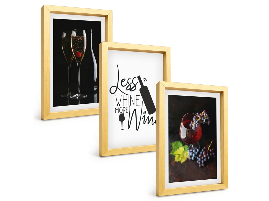 Conjunto De Pinturastaças De Vinho, Uvas, Slogan Moldura Dourada Quadros Para A Sala De Estar Espelharte (3 Peças 20x30 Cm)