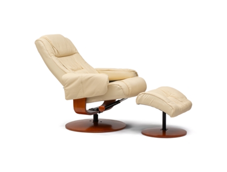 Poltrona de Relaxamento Kemi 7232 com Otomano Reclinável Bege Eco-Couro Estrutura de Madeira MUEBLES STOCK