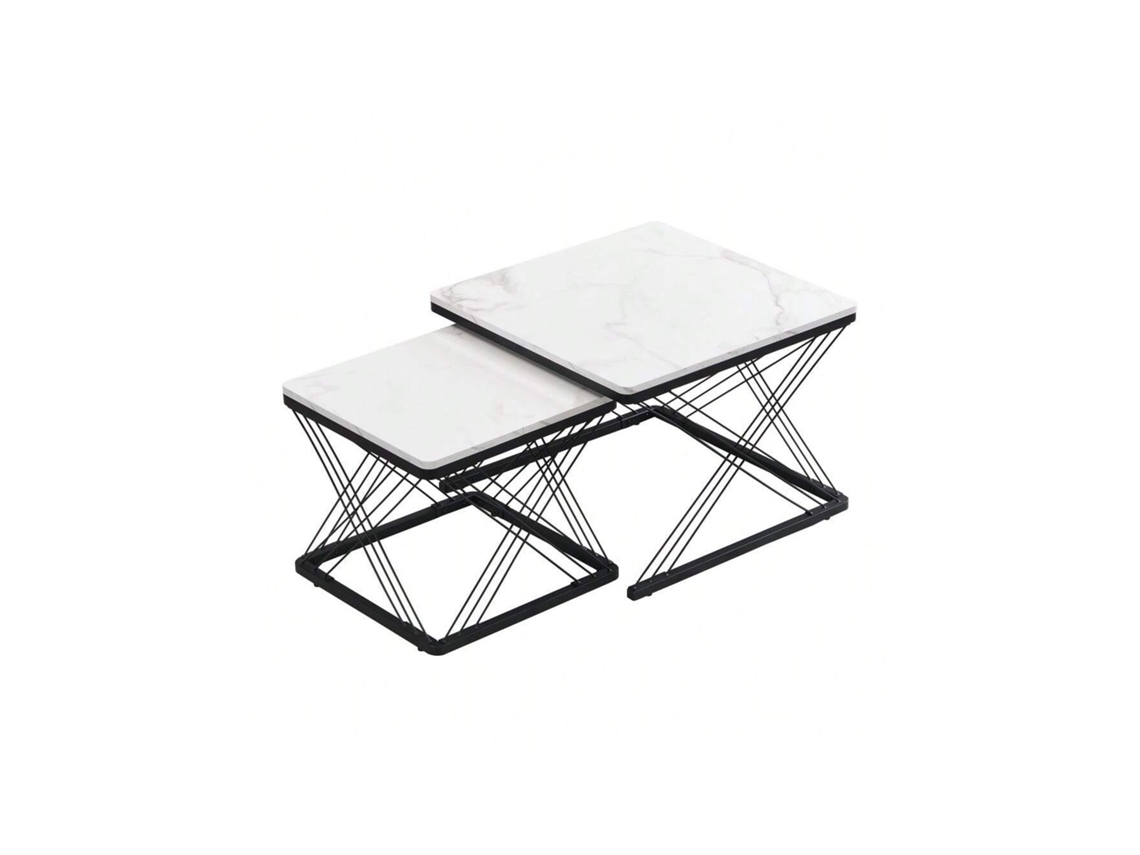 Elegante conjunto de 2 mesas de centro quadradas, medindo 60x60x45cm e 45x45x40cm, com acabamento em mármore brilhante e altura ajustável.