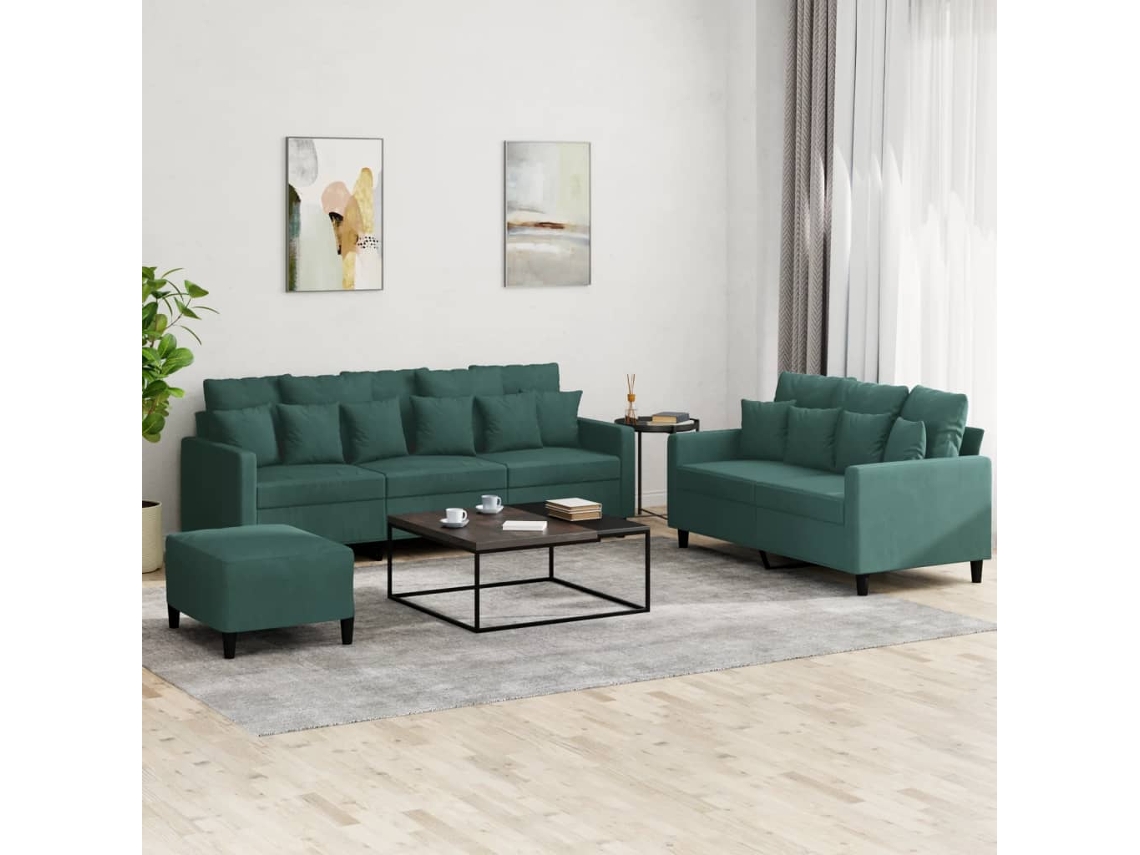 Vidaxl 3 Pcs Conjunto De Sofás Com Almofadões Veludo Verde-escuro