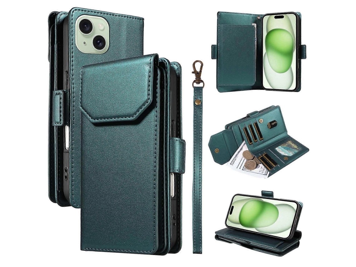 Capa Tipo Carteira Para Iphone 15 De 6,1 Polegadas, Com Vários Compartimentos Para Cartões, Zíper, Capa Tipo Fólio De Couro E Alça De Pulso