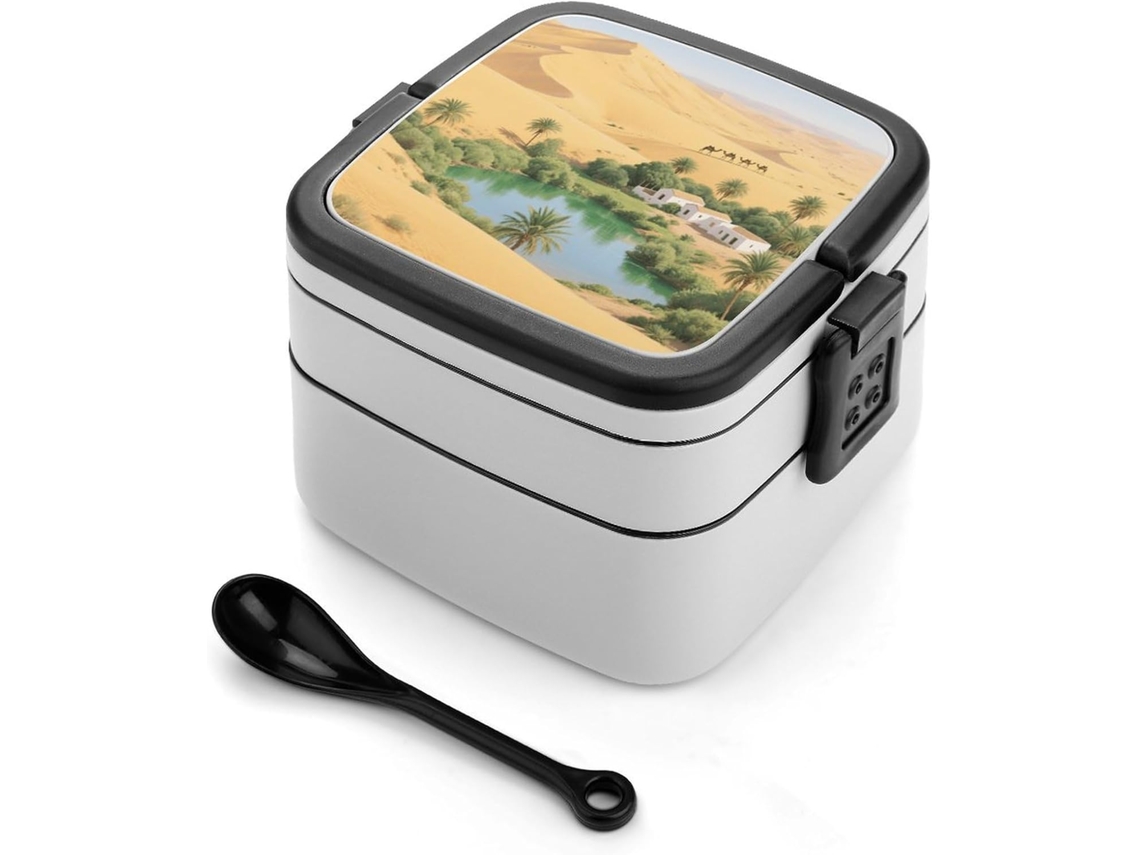 Marmita Bento De Camada Dupla Sahara Desert Oasis Para Adultos Com Colher E Alça, À Prova De Vazamentos, Marmita