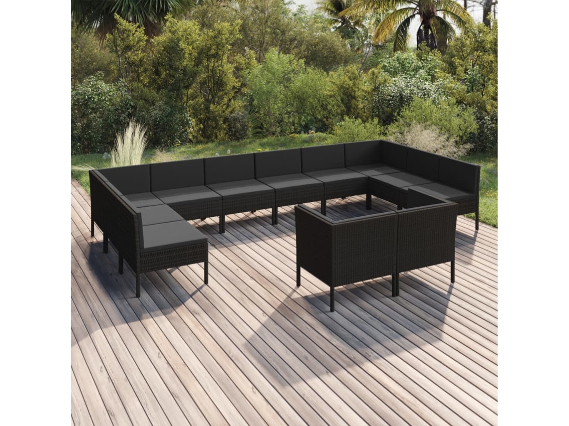 Vidaxl 12 Pcs Conjunto Lounge De Jardim C/ Almofadões Vime Pe Preto
