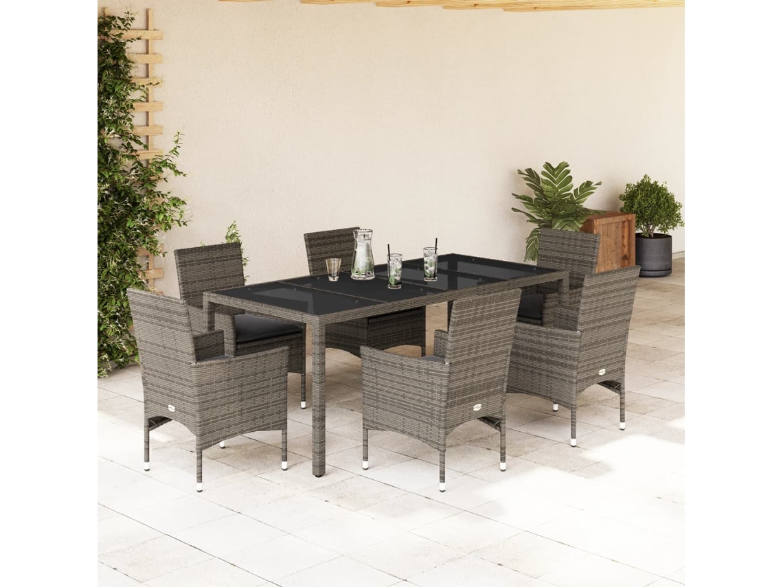 Vidaxl 7 Pcs Conjunto Jantar Jardim C/ Almofadões Vime Pe/vidro Cinza