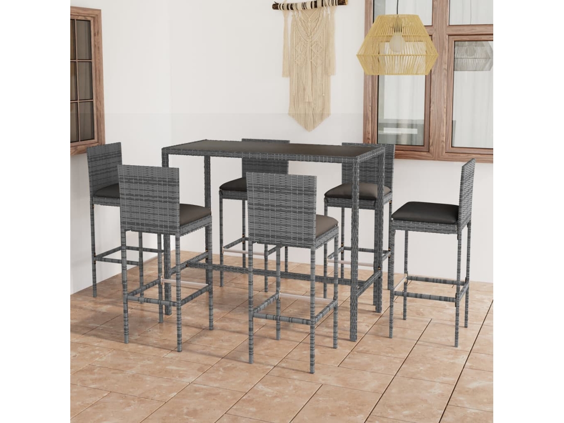Vidaxl 7 Pcs Conjunto De Bar P/ Jardim C/ Almofadões Vime Pe Cinzento
